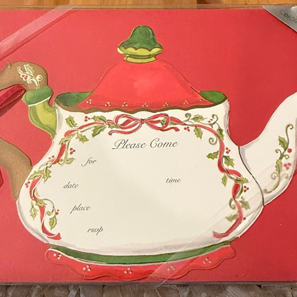 NWT Set-of-10 Holly Teapot Invitations w/red envelopes, in original box